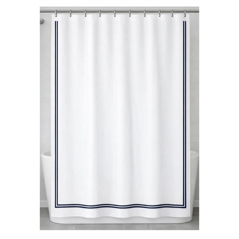 Fieldcrest Luxury Shower Curtain White Navy Blue Border Cotton + Nestwell Liner